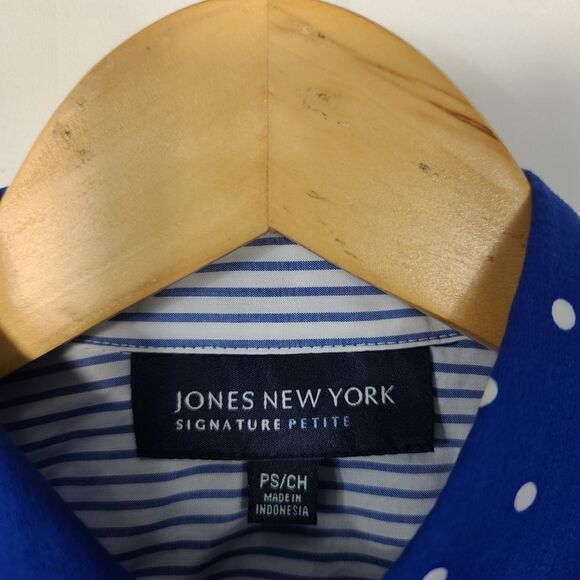JONES NEW YORK Petites Polka Dot Blouse Blue White - Picture 5 of 9